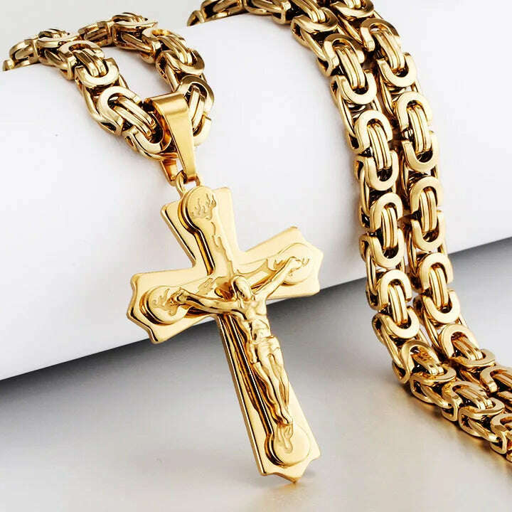 KIMLUD, Religious Men Stainless Steel Crucifix Cross Pendant Necklace Heavy Byzantine Chain Necklaces Jesus Christ Holy Jewelry Gifts, E-Gold Color / 60cm, KIMLUD APPAREL - Womens Clothes