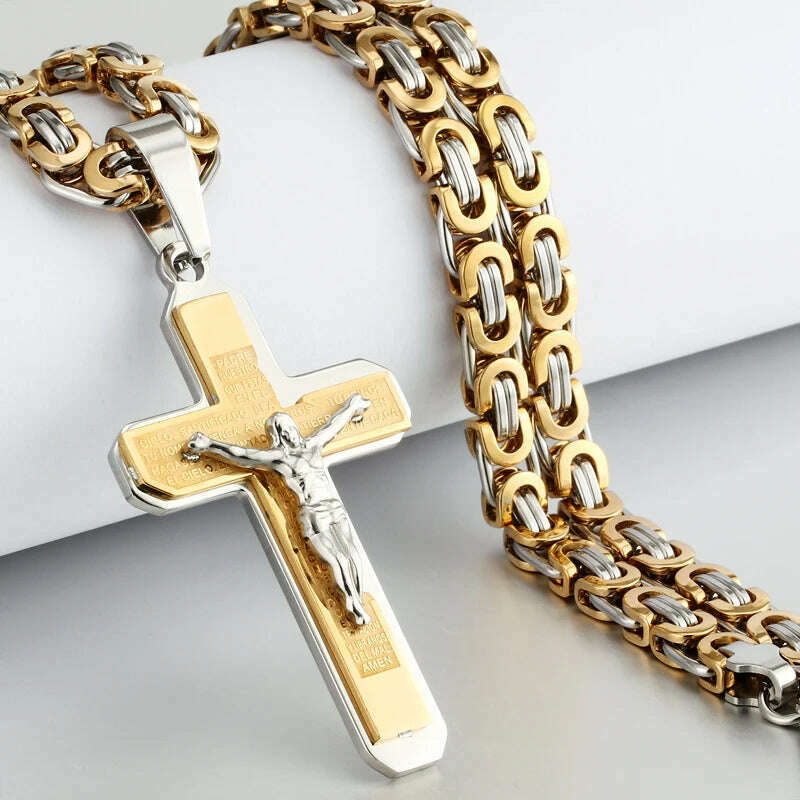 KIMLUD, Religious Men Stainless Steel Crucifix Cross Pendant Necklace Heavy Byzantine Chain Necklaces Jesus Christ Holy Jewelry Gifts, G-Gold Silver Tone / 60cm, KIMLUD APPAREL - Womens Clothes