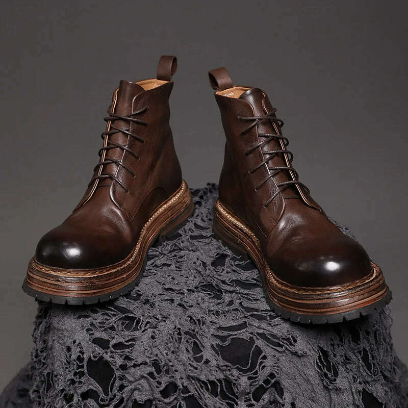 KIMLUD, Retro British Casual Boots Calf Leather Unisex Goodyear Handcrafted High-top Shoes Men Durable Motocycle Boots Women Ankle Boots, KIMLUD Womens Clothes