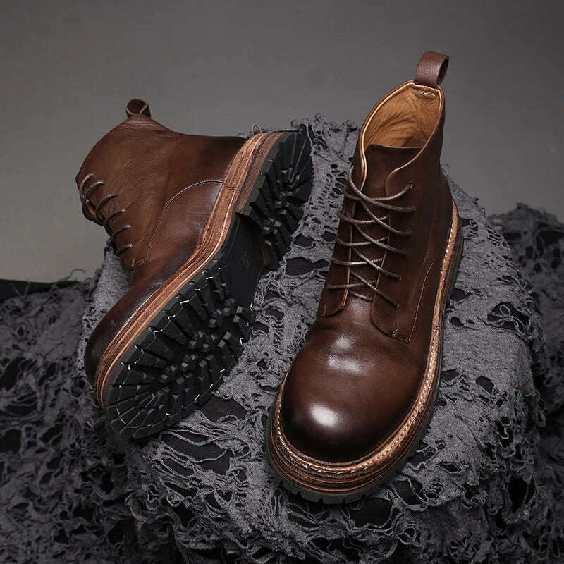 KIMLUD, Retro British Casual Boots Calf Leather Unisex Goodyear Handcrafted High-top Shoes Men Durable Motocycle Boots Women Ankle Boots, KIMLUD Womens Clothes