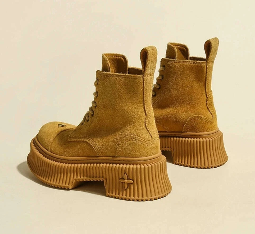 KIMLUD, Retro Brown Genuine Leather Thick Bottom Short Boots Round Toe Christmas Wild Lace Up Women Shoes Sexy Cool Girl Style Shoes, KIMLUD Womens Clothes