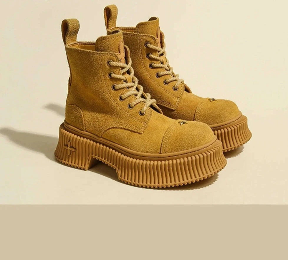 KIMLUD, Retro Brown Genuine Leather Thick Bottom Short Boots Round Toe Christmas Wild Lace Up Women Shoes Sexy Cool Girl Style Shoes, KIMLUD Womens Clothes