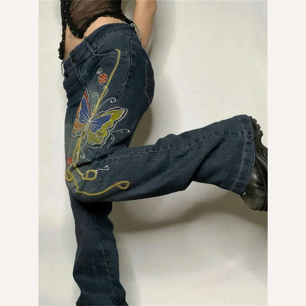 KIMLUD, Retro Butterfly Print Y2K Denim Jeans Low Waisted Grunge Vintage Cargo Trousers Fairycore Harajuku Fashion Pants Cuteandpsycho, Blue / M, KIMLUD Womens Clothes