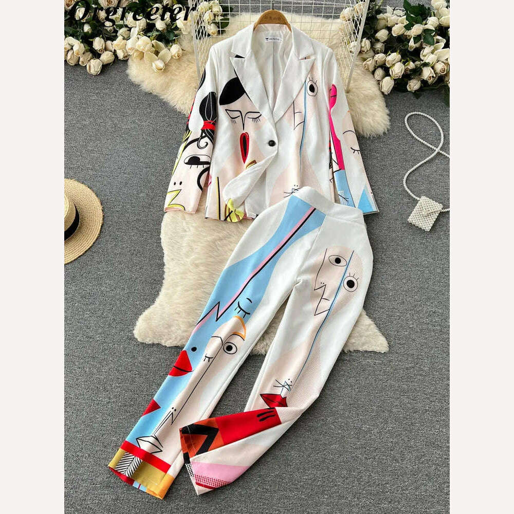 KIMLUD, Retro Fashion Abstract Printing Blazer&Pants Two Piece Set Women outfits Professional Long Sleeve Jacket Trousers Suits Female, KIMLUD Womens Clothes