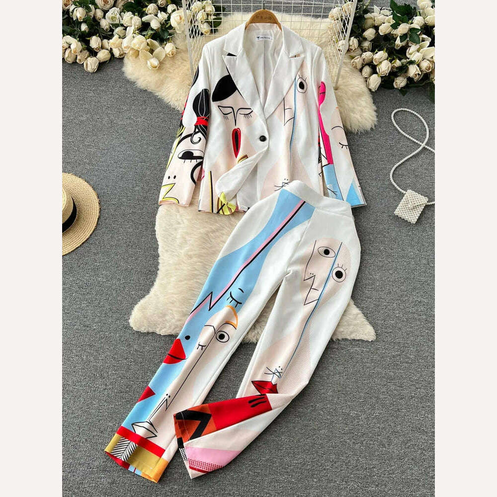 KIMLUD, Retro Fashion Abstract Printing Blazer&Pants Two Piece Set Women outfits Professional Long Sleeve Jacket Trousers Suits Female, White / M, KIMLUD APPAREL - Womens Clothes