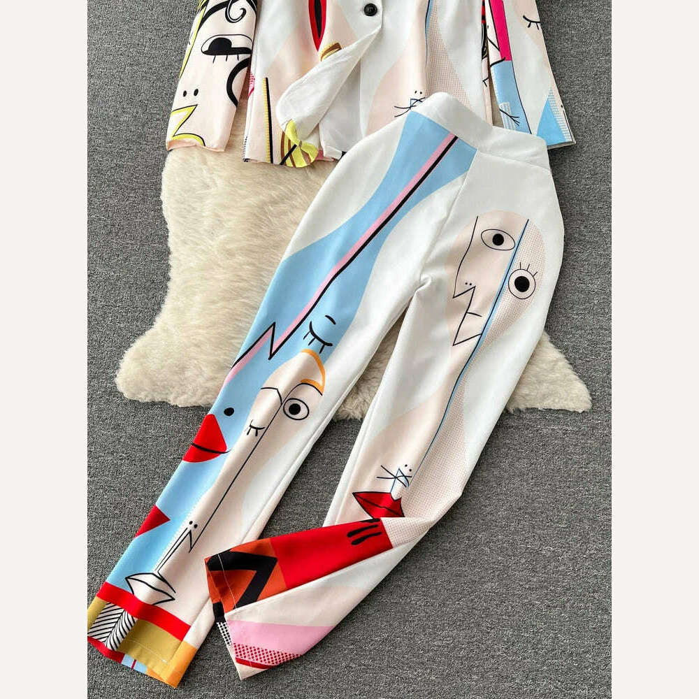 KIMLUD, Retro Fashion Abstract Printing Blazer&Pants Two Piece Set Women outfits Professional Long Sleeve Jacket Trousers Suits Female, KIMLUD Womens Clothes
