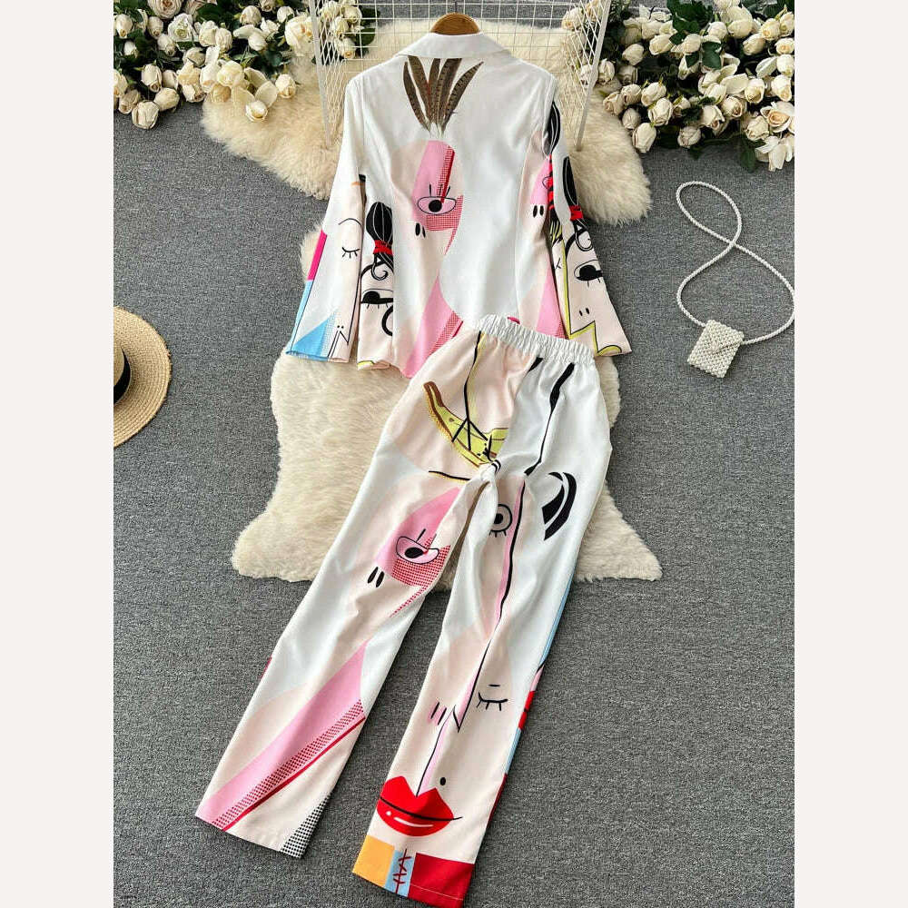 KIMLUD, Retro Fashion Abstract Printing Blazer&Pants Two Piece Set Women outfits Professional Long Sleeve Jacket Trousers Suits Female, KIMLUD Womens Clothes