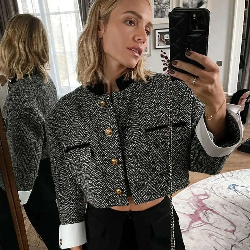KIMLUD, Retro Fashion Jacket 2022 Spring Women's clothing design sense stand-up collar equestrian clothing French tweed short Coat Women, Black / S, KIMLUD APPAREL - Womens Clothes