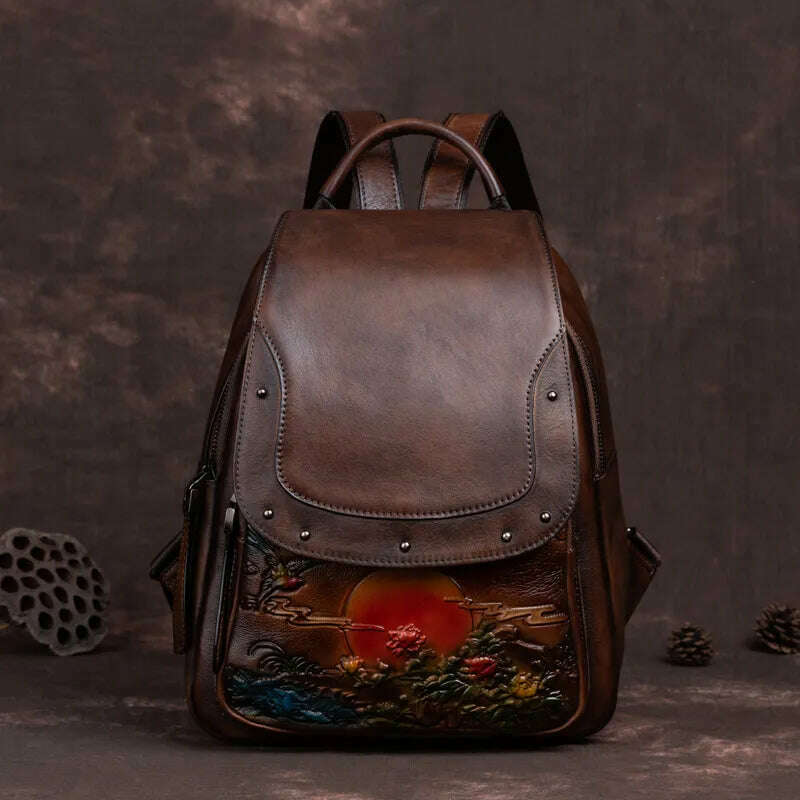 KIMLUD, Retro Genuine Leather Backpack Women Handmade Embossed Vintage Bag Chinese Style Ladies Cowhide Backpack, KIMLUD Womens Clothes