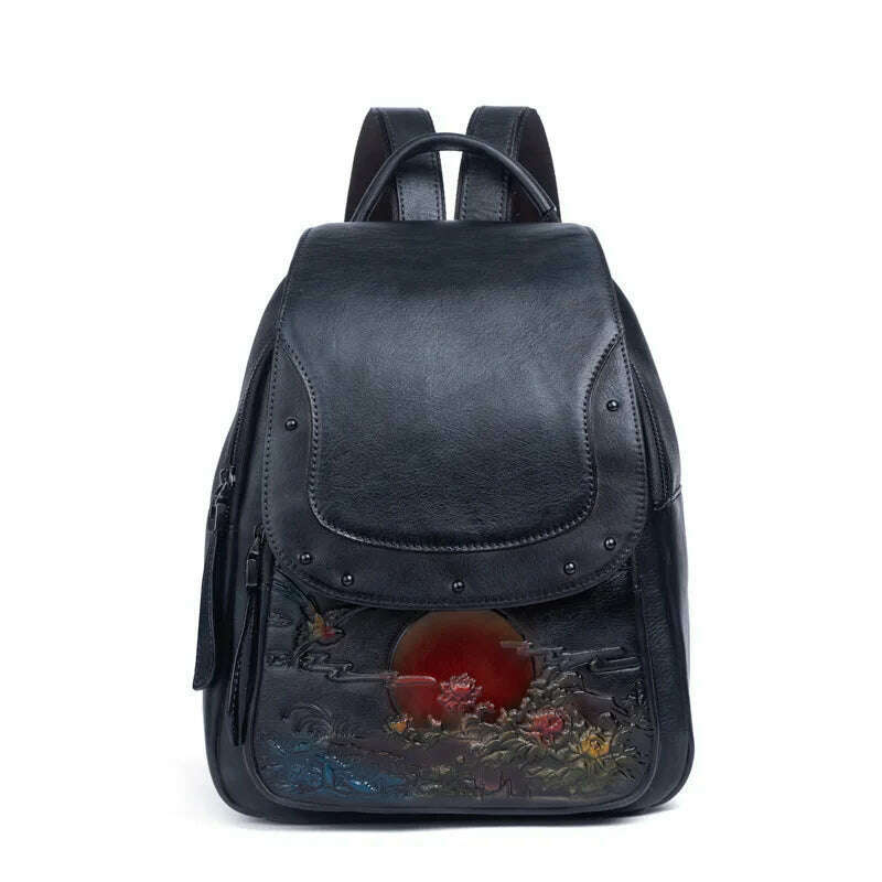 KIMLUD, Retro Genuine Leather Backpack Women Handmade Embossed Vintage Bag Chinese Style Ladies Cowhide Backpack, black backpack, KIMLUD APPAREL - Womens Clothes