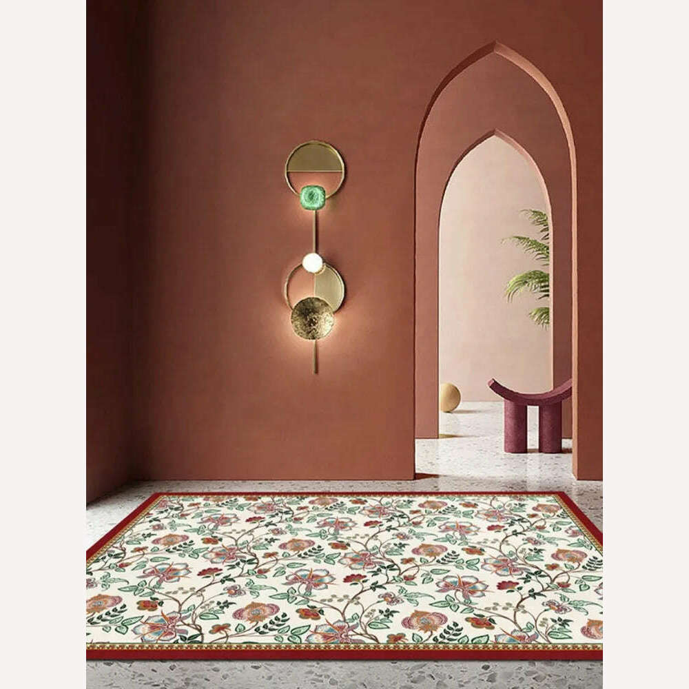KIMLUD, Retro Living Room Waterproof Carpet Floral Pattern Kitchen PVC Carpet Anti-scratch Stain-resistant Cuttable Balcony Rug Alfombra, KIMLUD Womens Clothes