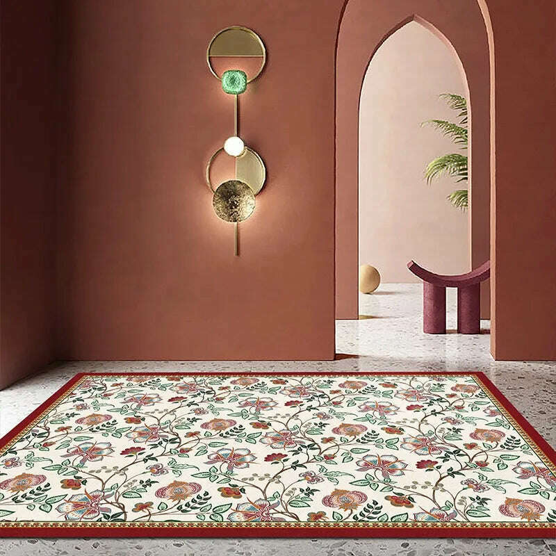 KIMLUD, Retro Living Room Waterproof Carpet Floral Pattern Kitchen PVC Carpet Anti-scratch Stain-resistant Cuttable Balcony Rug Alfombra, YM938-PG / 90x150cm, KIMLUD APPAREL - Womens Clothes