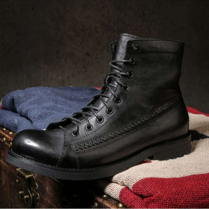 KIMLUD, Retro Men Boots Handmade Toe Polish Men Ankle Boots Casual Leather High-top Shoes Platform Motorcycle Booties New Bota Masculina, KIMLUD Womens Clothes