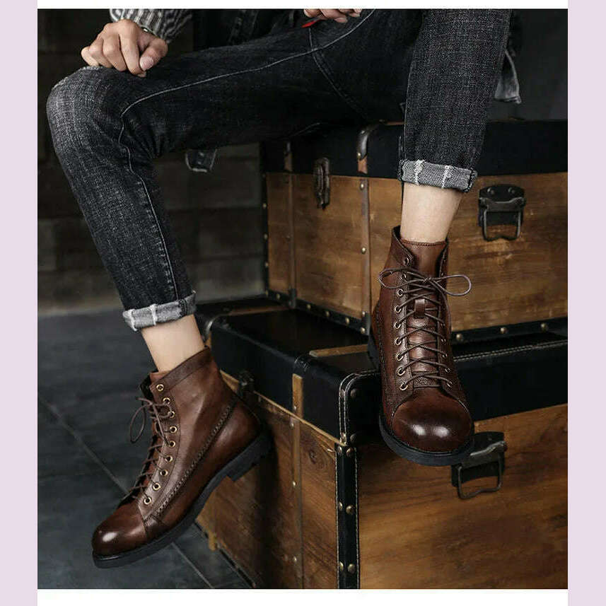 KIMLUD, Retro Men Boots Handmade Toe Polish Men Ankle Boots Casual Leather High-top Shoes Platform Motorcycle Booties New Bota Masculina, KIMLUD Womens Clothes