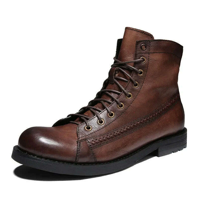 KIMLUD, Retro Men Boots Handmade Toe Polish Men Ankle Boots Casual Leather High-top Shoes Platform Motorcycle Booties New Bota Masculina, Brown / 38, KIMLUD APPAREL - Womens Clothes