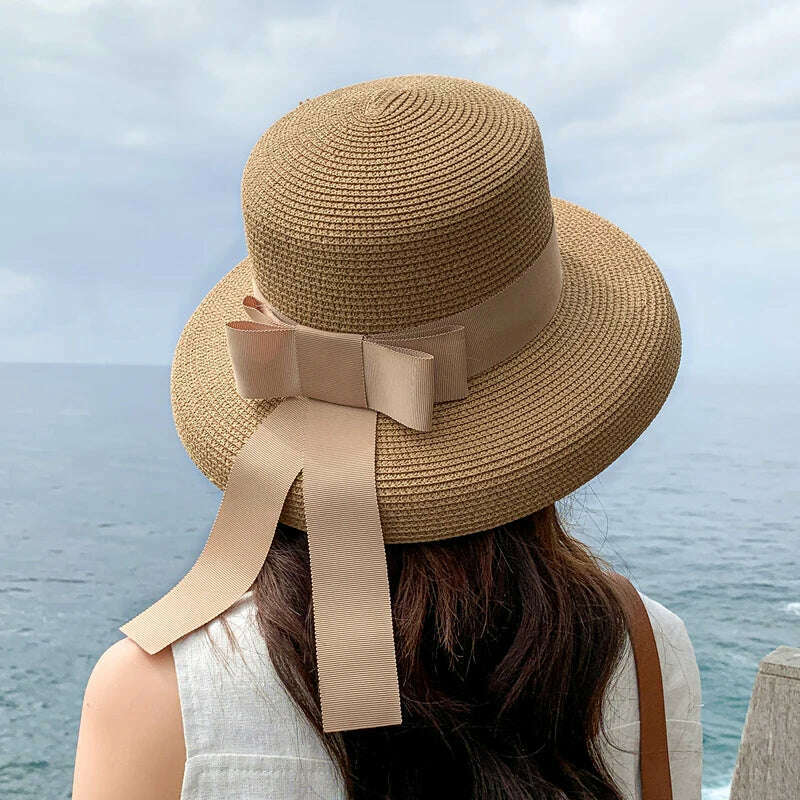 Retro Round Top Straw Hat Ladies Sun Hats Travel Holiday Visor Hats Vintage Women Beach Hat Black And White Wholesale ceremony - KIMLUD