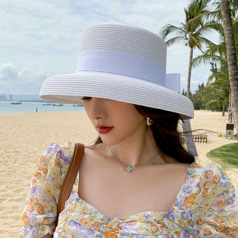 Retro Round Top Straw Hat Ladies Sun Hats Travel Holiday Visor Hats Vintage Women Beach Hat Black And White Wholesale ceremony - KIMLUD