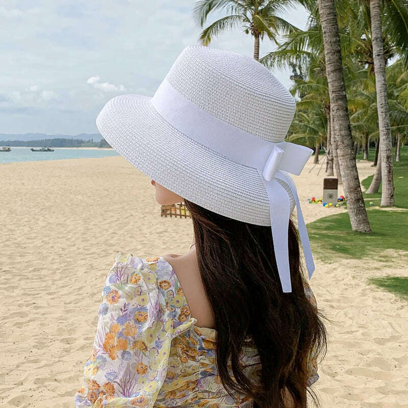 Retro Round Top Straw Hat Ladies Sun Hats Travel Holiday Visor Hats Vintage Women Beach Hat Black And White Wholesale ceremony - KIMLUD