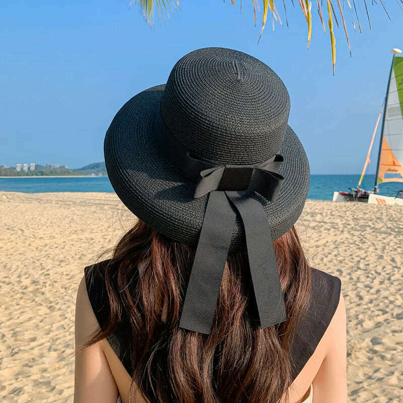 Retro Round Top Straw Hat Ladies Sun Hats Travel Holiday Visor Hats Vintage Women Beach Hat Black And White Wholesale ceremony - KIMLUD