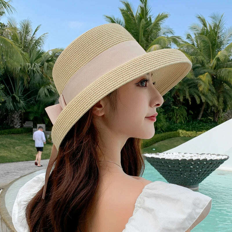 Retro Round Top Straw Hat Ladies Sun Hats Travel Holiday Visor Hats Vintage Women Beach Hat Black And White Wholesale ceremony - KIMLUD