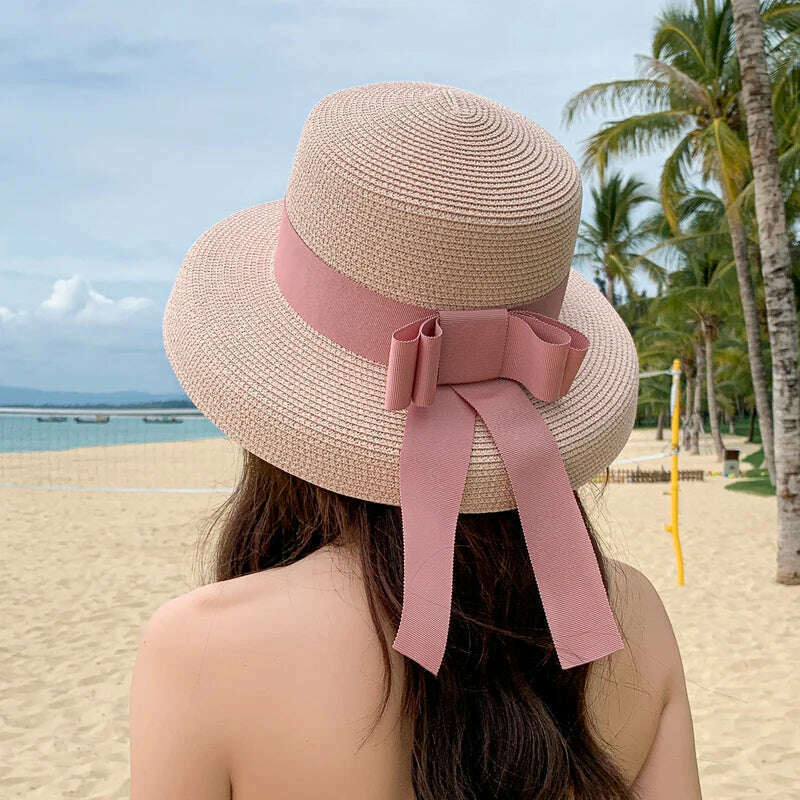 Retro Round Top Straw Hat Ladies Sun Hats Travel Holiday Visor Hats Vintage Women Beach Hat Black And White Wholesale ceremony - KIMLUD