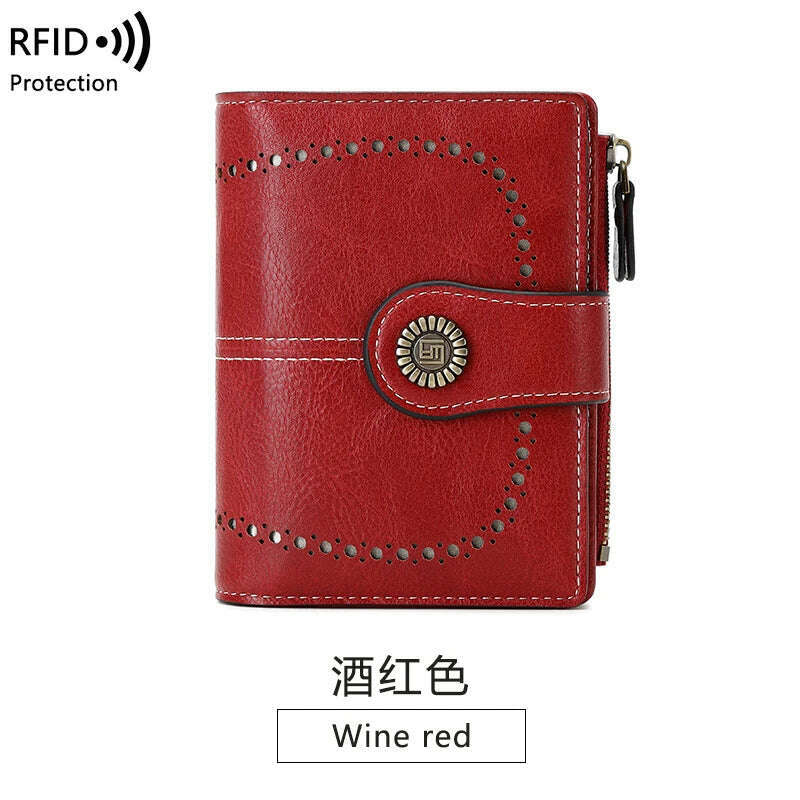 KIMLUD, Retro three-fold RFID shielding women's short wallet, solid color large capacity daily fashion versatile clutch bag, Y1668-Winered, KIMLUD Womens Clothes
