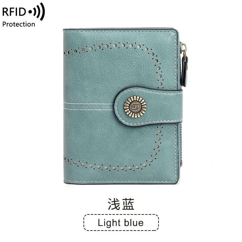 KIMLUD, Retro three-fold RFID shielding women's short wallet, solid color large capacity daily fashion versatile clutch bag, Y1668-Lightblue, KIMLUD Womens Clothes