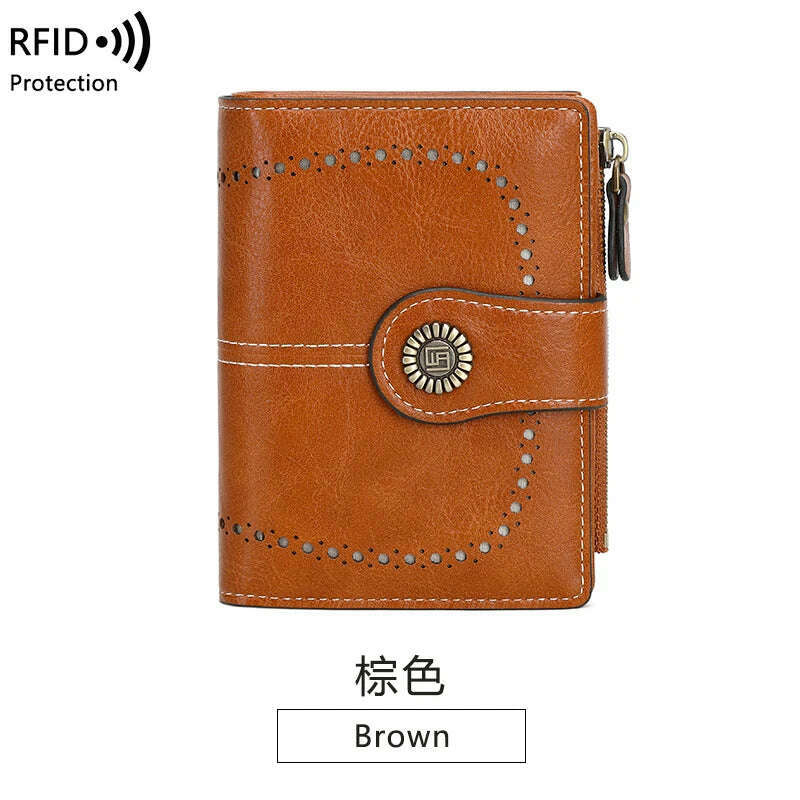 KIMLUD, Retro three-fold RFID shielding women's short wallet, solid color large capacity daily fashion versatile clutch bag, Y1668-Brown, KIMLUD Womens Clothes
