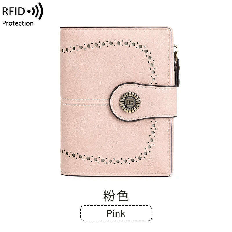 KIMLUD, Retro three-fold RFID shielding women's short wallet, solid color large capacity daily fashion versatile clutch bag, Y1668-Pink, KIMLUD Womens Clothes
