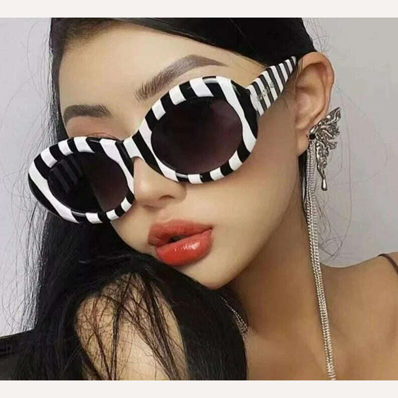 KIMLUD, Retro Zebra Stripe Print Oval Women Sunglasses Classic Round Sun Glasses Men 2022 New Vintage Luxury Fashion Decorative Eyewear, KIMLUD Women's Clothes