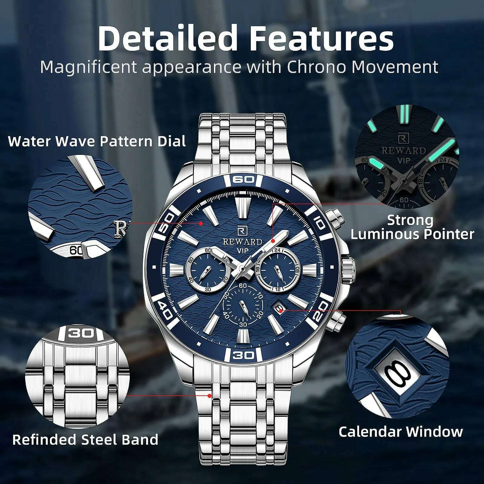 KIMLUD, REWARD Fashion Casual Watch for Men Stainless Quartz Wristwatch Waterproof Chronograph Luminous Date Business Mens Wrist Watches, KIMLUD Womens Clothes
