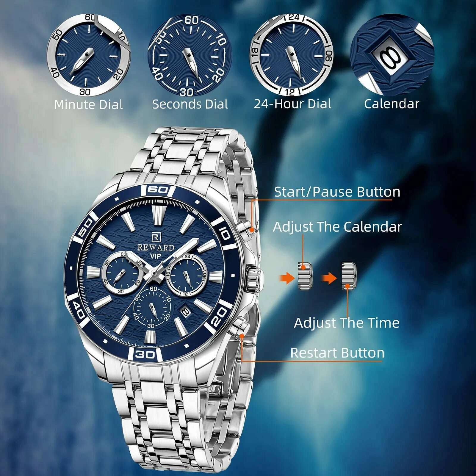 KIMLUD, REWARD Fashion Casual Watch for Men Stainless Quartz Wristwatch Waterproof Chronograph Luminous Date Business Mens Wrist Watches, KIMLUD Womens Clothes
