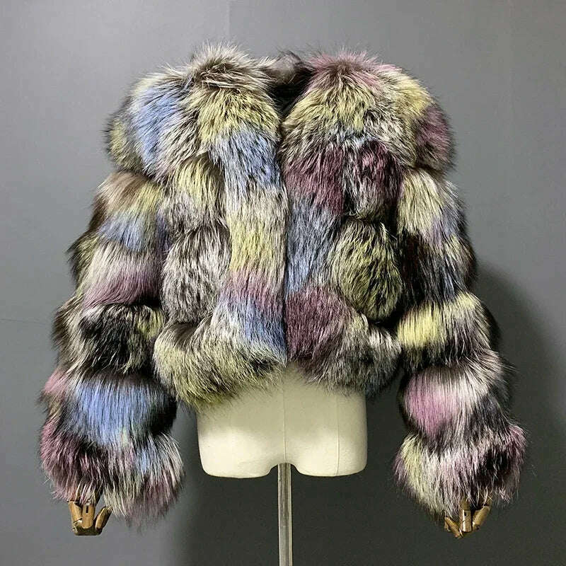 KIMLUD, rf20131 Multicolor Women's Real Fox Fur Jacket Cropped Short Style Super Fluffy Winter Natural Fur Coat, MULTI / 4XL Bust 108cm, KIMLUD Womens Clothes