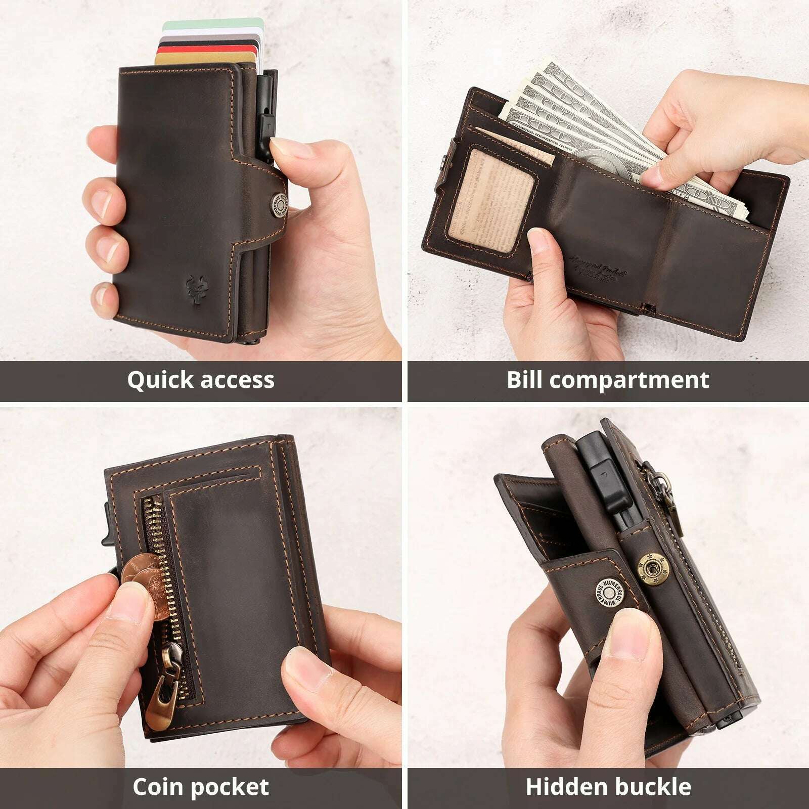 KIMLUD, RFID Smart Pop Up Card Wallet for Men Genuine Leather Card Case for 8-10 Cards Slim Women Zip Coin Purse with Notes Compartment, KIMLUD Womens Clothes