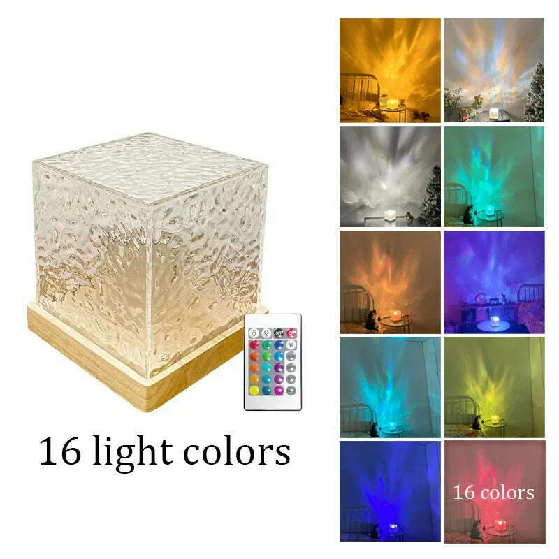 KIMLUD, RGB Sunset Water Ripple Projector Night Light Crystal Lamp USB Atmosphere Night Lamp Gift Aesthetic Room Decor Home Bedroom, USB Plug in / 16 Light Colors, KIMLUD APPAREL - Womens Clothes