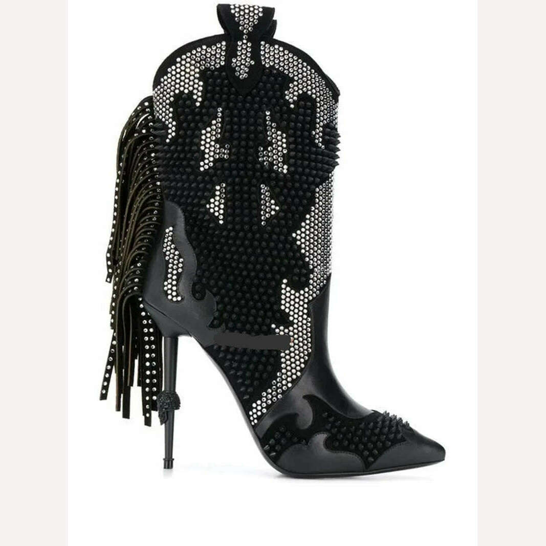 KIMLUD, Rhinestone Embellished Cowboy Boots Black Tassel Women High Heel Pointed Toe Pointy Thin Heeled Sparkle Western Boot, as showed blue / 35, KIMLUD Womens Clothes