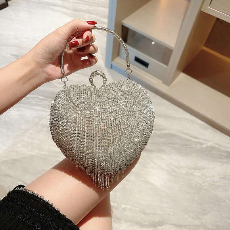 Rhinestone Evening Bag Heart Pattern Silver Clutch Womens Fashion Diamond Banquet Clutch And Purse Wedding Bridal Prom Wallets - KIMLUD