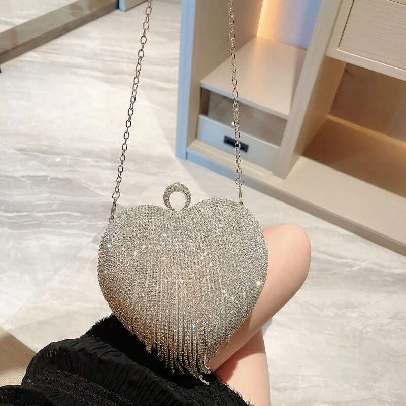 Rhinestone Evening Bag Heart Pattern Silver Clutch Womens Fashion Diamond Banquet Clutch And Purse Wedding Bridal Prom Wallets - KIMLUD