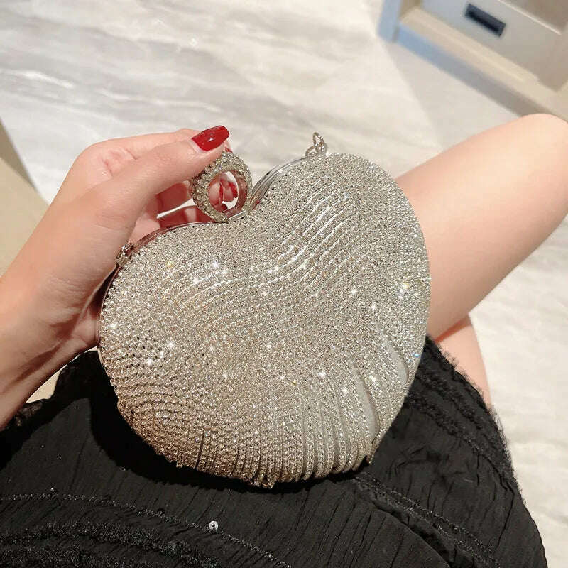 Rhinestone Evening Bag Heart Pattern Silver Clutch Womens Fashion Diamond Banquet Clutch And Purse Wedding Bridal Prom Wallets - KIMLUD