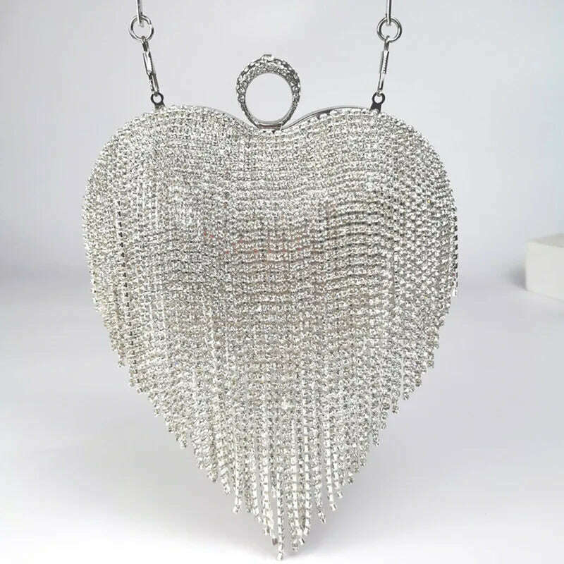 Rhinestone Evening Bag Heart Pattern Silver Clutch Womens Fashion Diamond Banquet Clutch And Purse Wedding Bridal Prom Wallets - KIMLUD