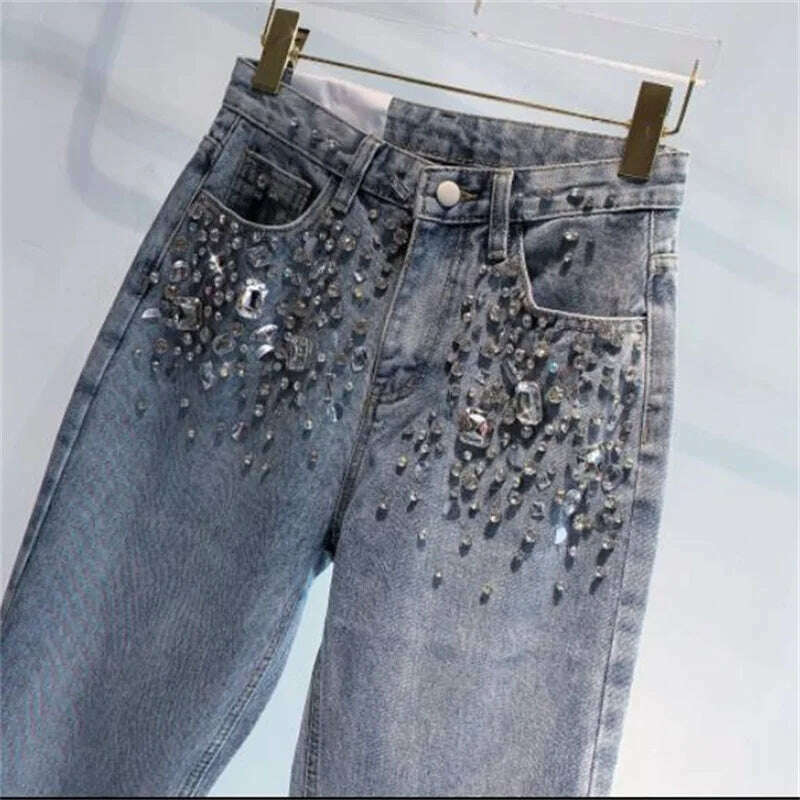 KIMLUD, Rhinestone jeans women spring summer Heavy Industry fashion Beads High Waist Loose Straight Casual cross pants, KIMLUD Womens Clothes