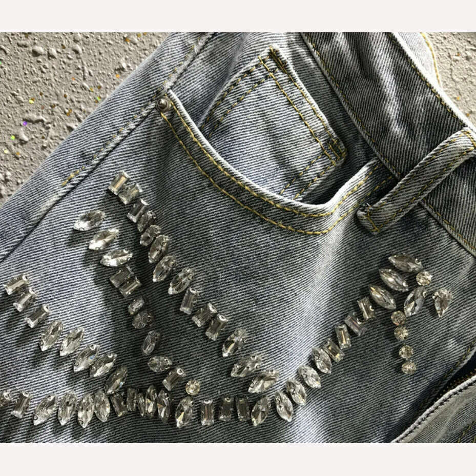 Rhinestone jeans women spring summer Heavy Industry fashion Beads High Waist Loose Straight Casual cross pants - KIMLUD