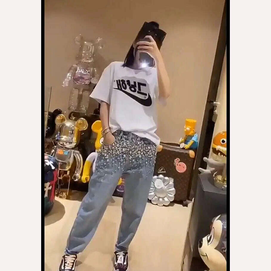 Rhinestone jeans women spring summer Heavy Industry fashion Beads High Waist Loose Straight Casual cross pants - KIMLUD