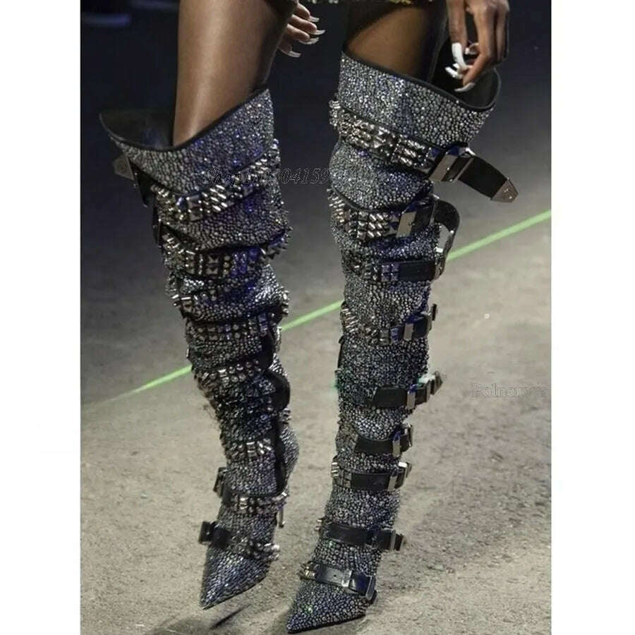 Rhinestone Studded Boots over Knee Women Fashion Slip On Knee High Booties Designer Motorcycle Shoes Autumn Winter 2023Plus Size - KIMLUD