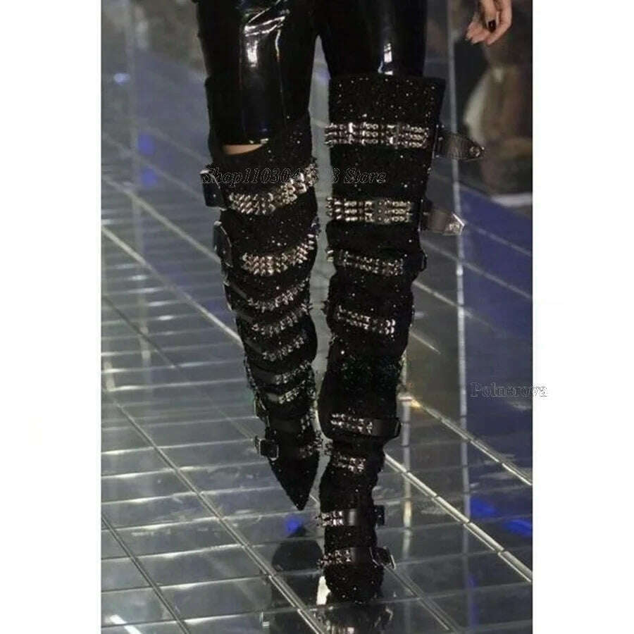 Rhinestone Studded Boots over Knee Women Fashion Slip On Knee High Booties Designer Motorcycle Shoes Autumn Winter 2023Plus Size - KIMLUD
