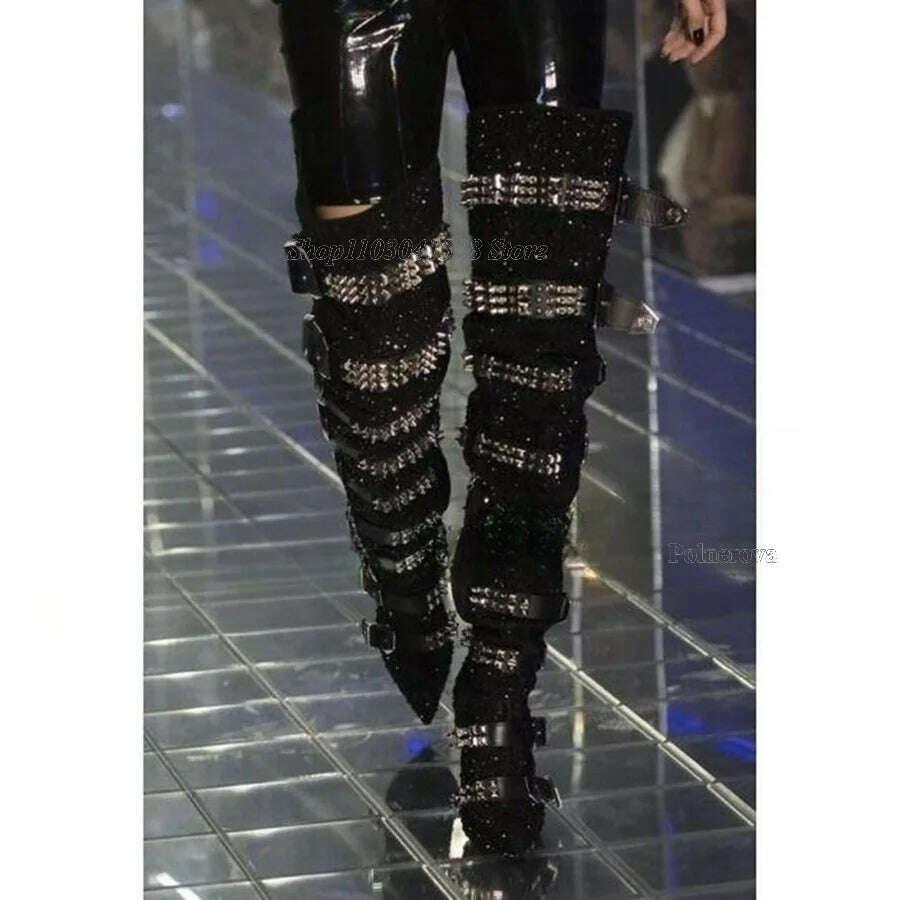 KIMLUD, Rhinestone Studded Boots over Knee Women Fashion Slip On Knee High Booties Designer Motorcycle Shoes Autumn Winter 2023Plus Size, KIMLUD Womens Clothes