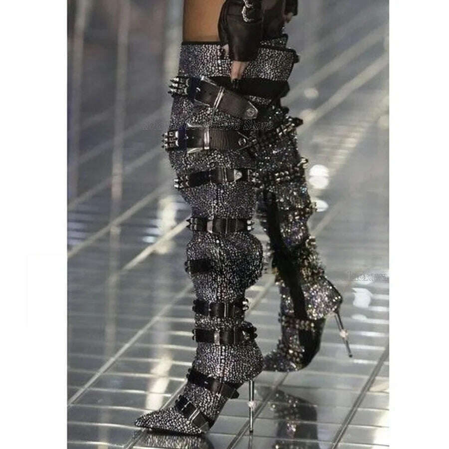 Rhinestone Studded Boots over Knee Women Fashion Slip On Knee High Booties Designer Motorcycle Shoes Autumn Winter 2023Plus Size - KIMLUD