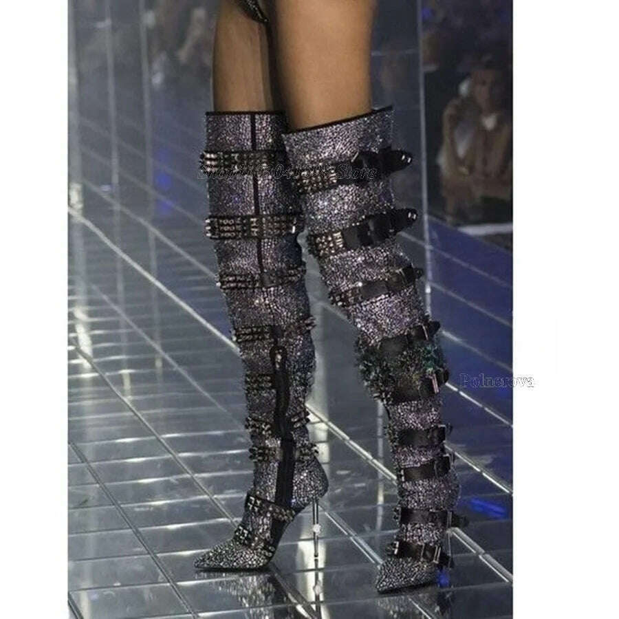 Rhinestone Studded Boots over Knee Women Fashion Slip On Knee High Booties Designer Motorcycle Shoes Autumn Winter 2023Plus Size - KIMLUD
