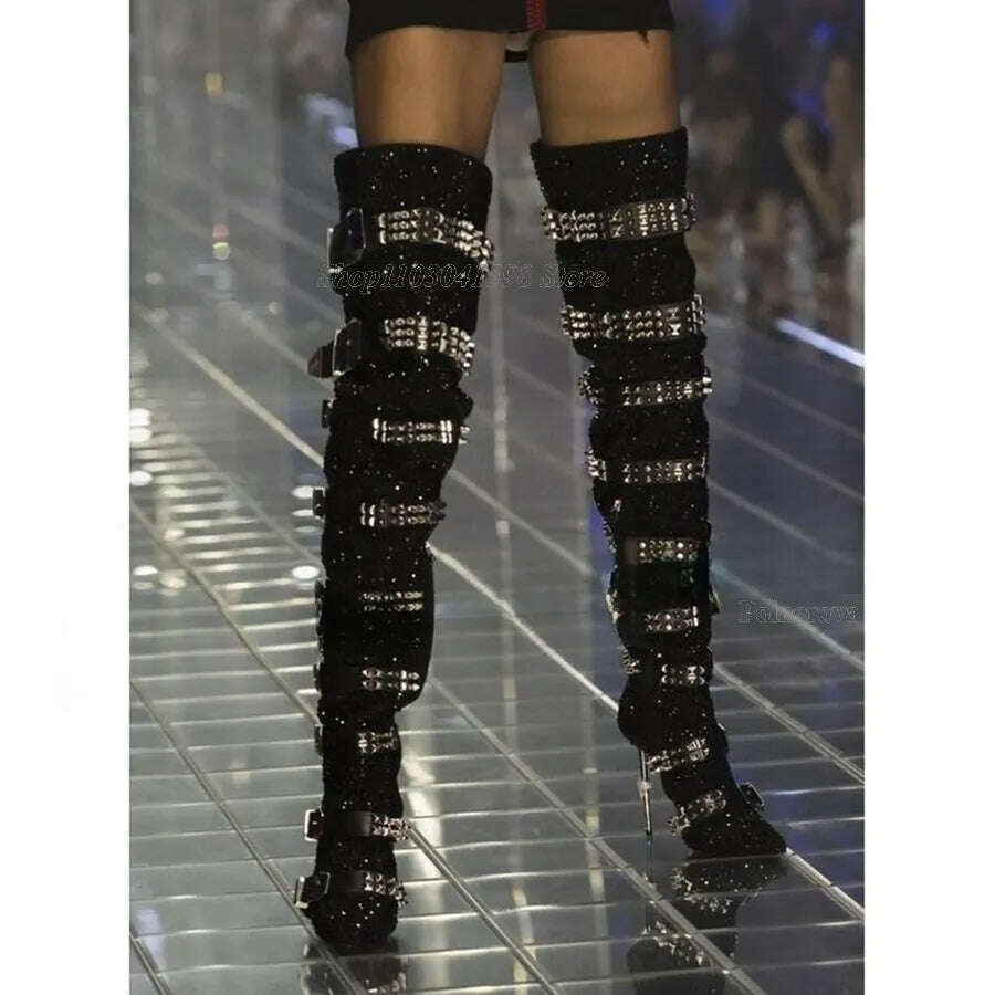Rhinestone Studded Boots over Knee Women Fashion Slip On Knee High Booties Designer Motorcycle Shoes Autumn Winter 2023Plus Size - KIMLUD