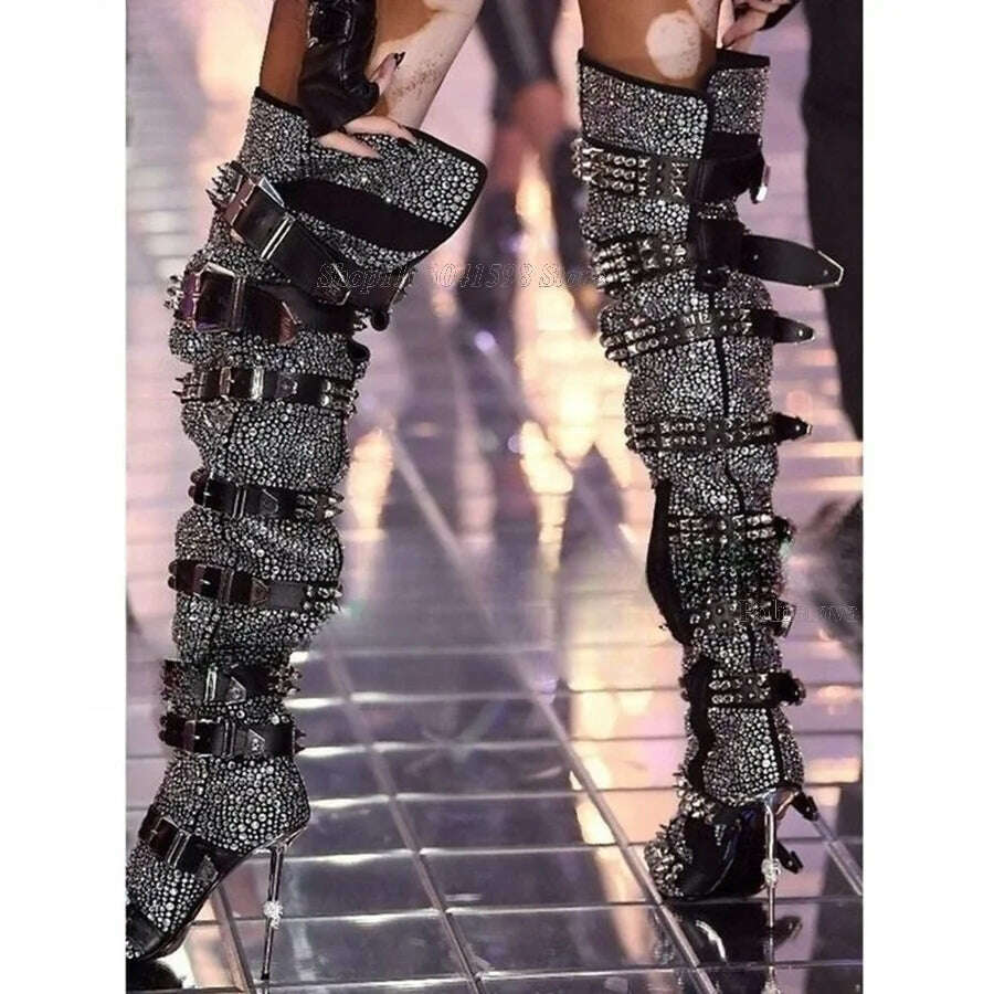 Rhinestone Studded Boots over Knee Women Fashion Slip On Knee High Booties Designer Motorcycle Shoes Autumn Winter 2023Plus Size - KIMLUD